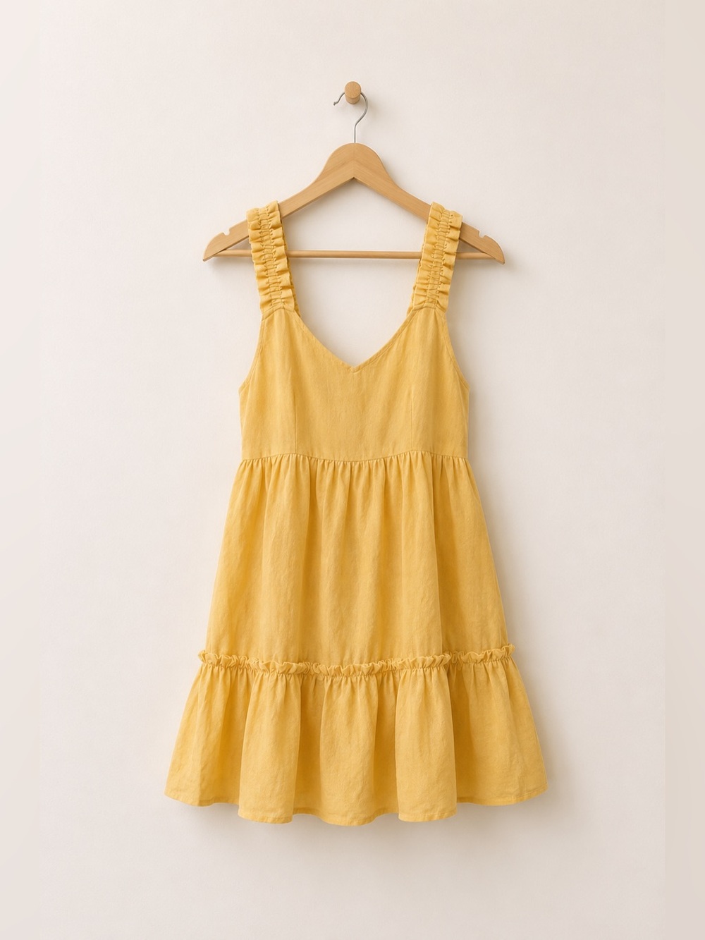 Mustard Babydoll Mini Dress M Cottagecore Ruffle Tiered Boho Summer